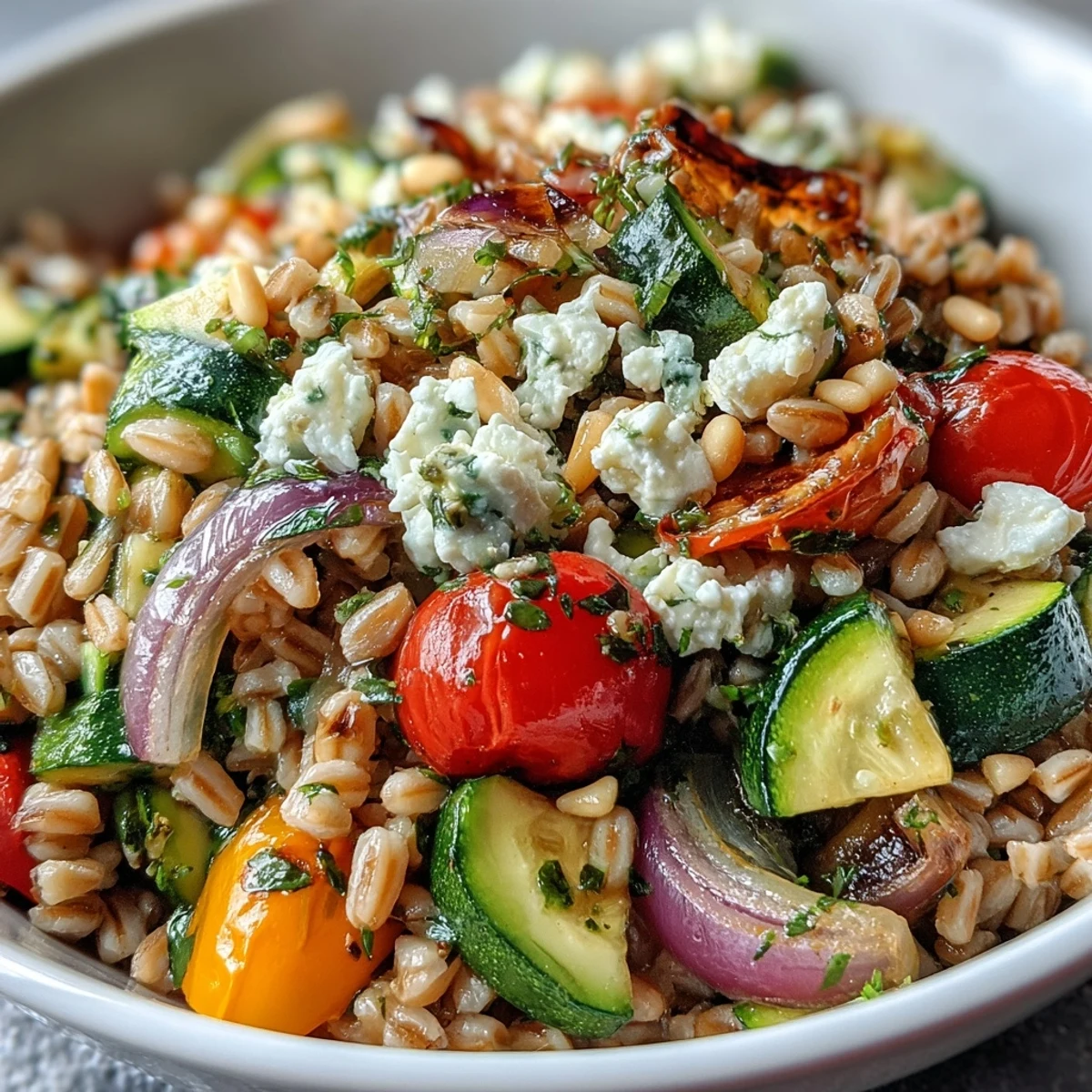 A colorful bowl of Farro Pasta Bowl with sautéed zucchini, bell peppers, and cherry tomatoes, topped with crumbled feta.  