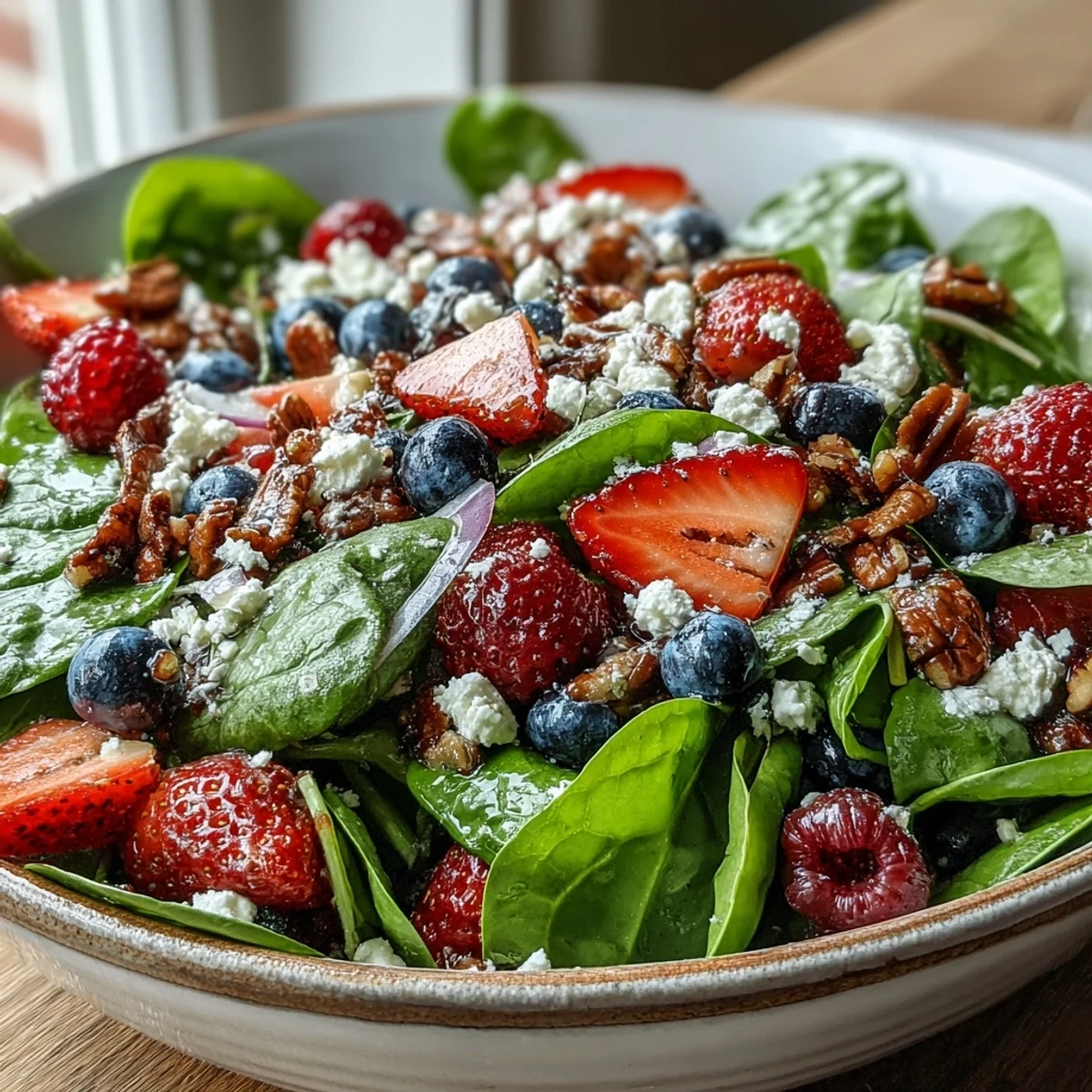 A vibrant Spinach and Berry Salad Bowl with baby spinach, juicy strawberries and blueberries, creamy goat cheese, and crunchy toasted walnuts tossed in a tangy bappled balsamic vinaigrette.