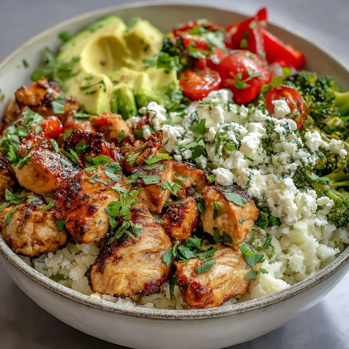 Golden-brown, seasoned chicken pieces are served over fluffy cauliflower rice with sautéed bell peppers and broccoli florets.