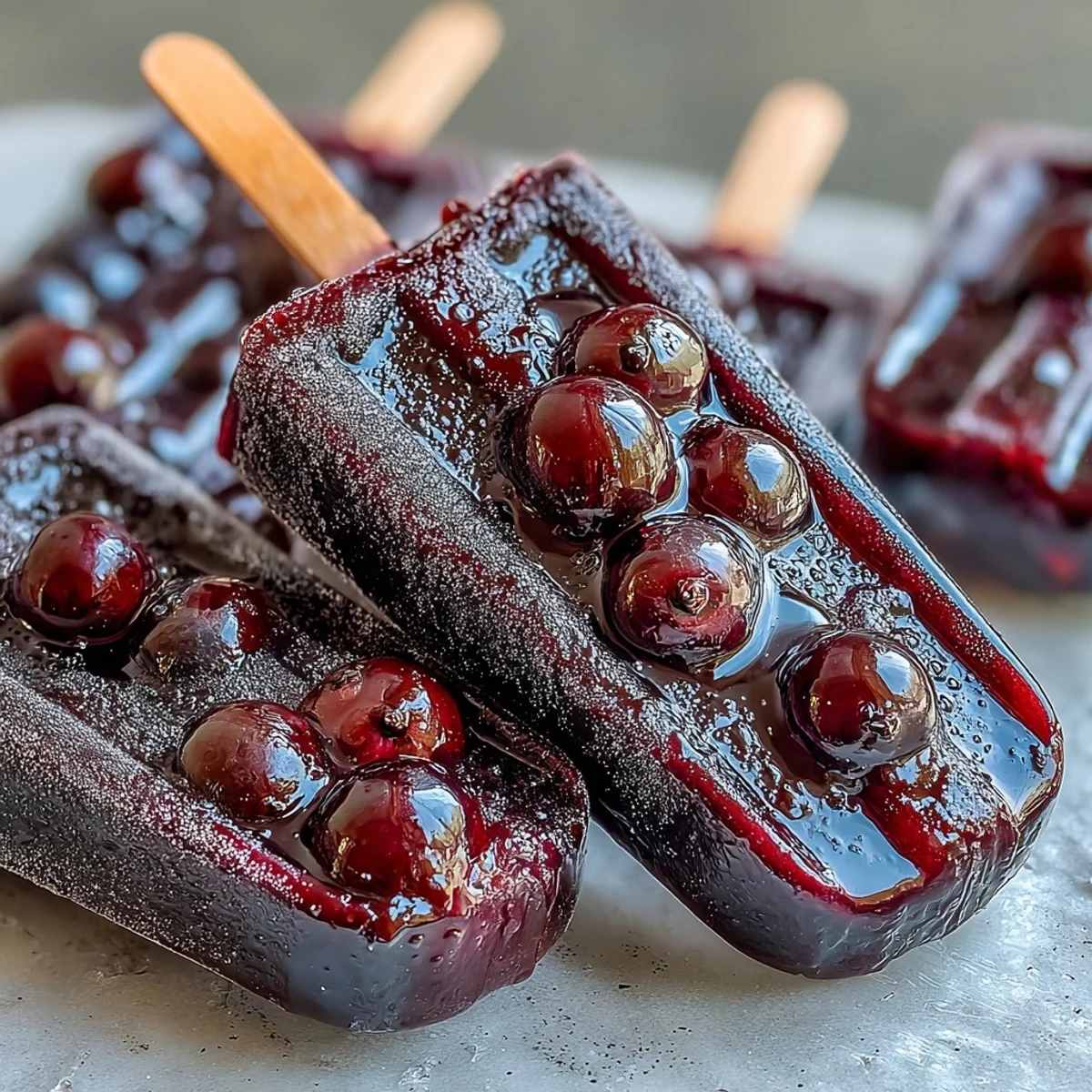 Homemade Black Currant Popsicles with vibrant purple hue and fresh fruit chunks, perfect for a cool vegan summer dessert.