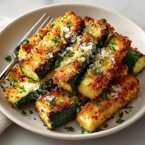 Close up of crunchy, golden brown Crispy Parmesan Zucchini Fries—a delightful appetizer recipe.