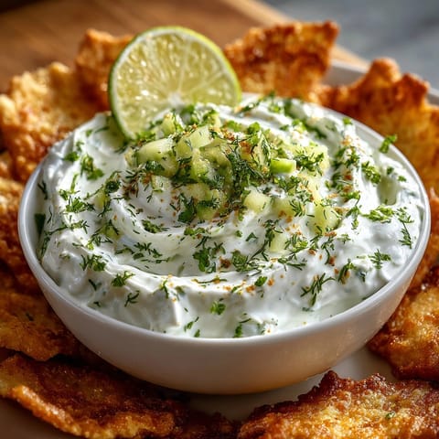 Refreshing cucumber-lime yogurt dip, a tangy and cool summer appetizer recipe.