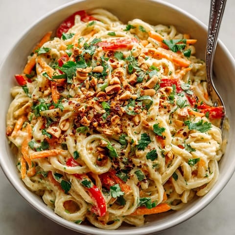 Delicious Thai peanut noodle salad, tossed with fresh herbs and a tangy dressing.