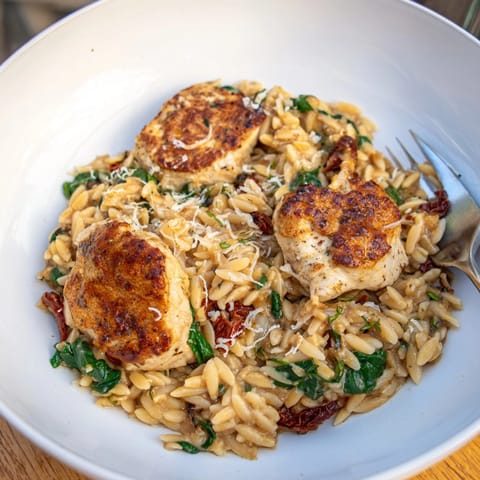 Close-up of bubbly, cheesy One-Pan Marry Me Chicken Orzo, ready to serve tableside for dinner.