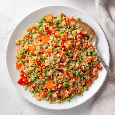 Sizzling cauliflower rice stir-fry served in a hot skillet, bursting with flavor.  