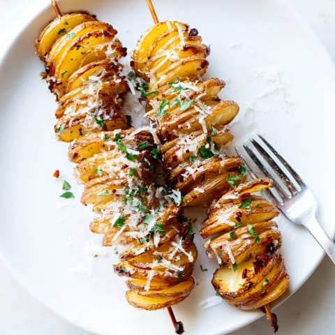 Golden-brown air-fryer tornado potatoes topped with Parmesan and fresh herbs, perfect for sharing.  