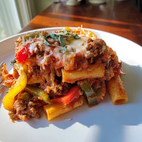 Delicious Baked Rigatoni with Sausage & Peppers served warm, garnished with fresh herbs.  