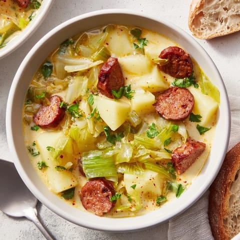 Comforting Potato, Leek & Chorizo Soup served with crusty bread on a cool day.  