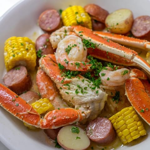 Close-up of a flavorful seafood boil showcasing tender crab, shrimp, and sausage with golden corn.