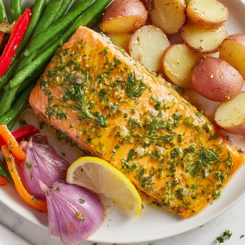 Look at this beautiful close-up of our lemon herb salmon & potato sheet pan with fresh herbs and lemon wedges.