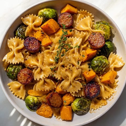 Creamy, golden Autumn Sausage Pasta Squash, perfectly plated and topped with fresh thyme leaves.