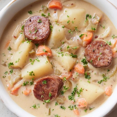 A steaming bowl of Creamy Chorizo Potato Soup, offering a rich, savory aroma and texture.