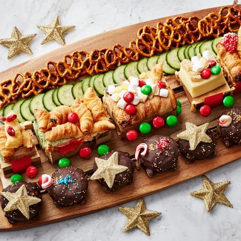 A delicious, colorful Polar Express Train Treat Board featuring cheese cubes, popcorn, and truffles perfectly arranged.