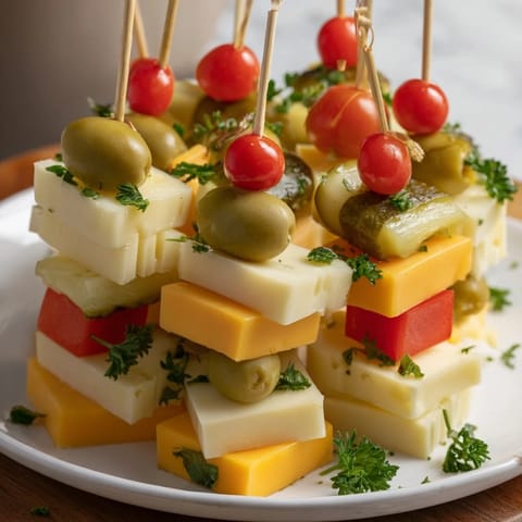 This Festive Cube Cheese Stack features layers of cheese, garnished with fresh parsley and bright cherry tomatoes.