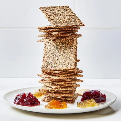 Gourmet Crackers arranged high with colorful preserves, creating a beautiful appetizer tower, ready to serve.