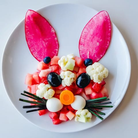 A festive, beautifully arranged Bunny Silhouette, made with fresh fruit, and creamy cheese.