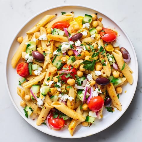 A refreshing bowl of Mediterranean pasta salad with chickpeas, tossed in a zesty olive oil dressing.