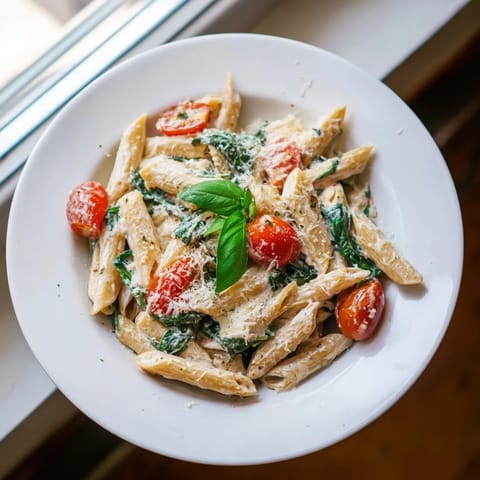 Creamy Cottage Cheese High-Protein Pasta with spinach and tomatoes, glistening and delicious, a hearty meal.