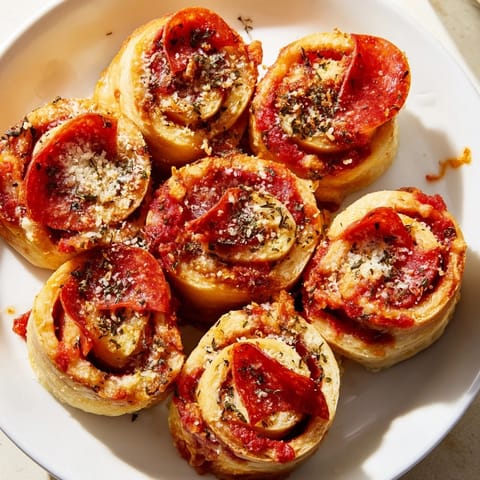 A close-up of sizzling air fryer pizza rolls with bubbly cheese and pepperoni.