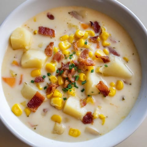 Close-up of golden corn chowder boasting tender potatoes and smoky bacon bits, ready to eat.