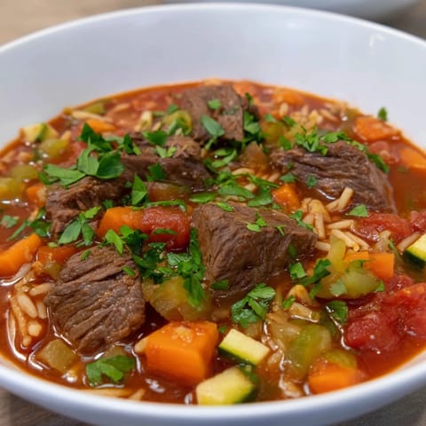Close-up of Algerian Chorba: rich broth overflowing with tender lamb and fresh herbs, ready to serve.