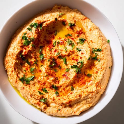 Creamy, vibrant roasted red pepper hummus ready to be scooped up with fresh vegetables.