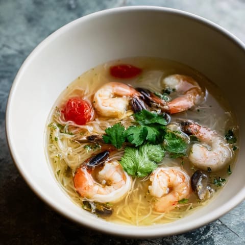 Close-up of bubbling spicy Tom Yum soup, showcasing fresh shrimp, herbs, and a flavorful broth.