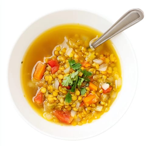Hearty mung bean soup simmering with turmeric and ginger, served steaming hot alongside fluffy basmati rice.  