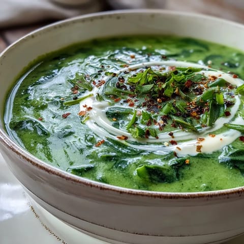 Creamy Spinach Soup garnished with a swirl of cream, served with crusty bread.