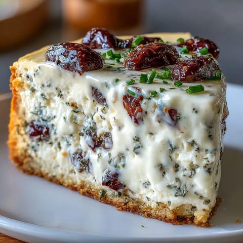 This savory vegetarian cheesecake appetizer features a golden crust and creamy filling, garnished with herbs and served with crackers on a rustic table.