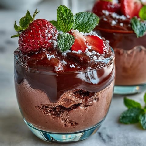 Chocolate-Covered Strawberry Mousse layered in a glass with rich ganache and fresh berry garnish.