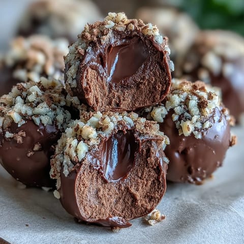 Smooth homemade Chocolate Truffles rolled in shredded coconut, ready to serve after chilling with a dollop of whipped cream.