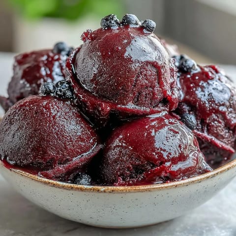 Scoops of deep purple Black Currant Sorbet garnished with fresh berries and lemon shortbread on a rustic table.