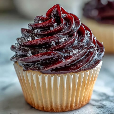 Black Currant Frosting swirled high on a moist cake slice, showcasing its silky texture and vibrant purple hue.