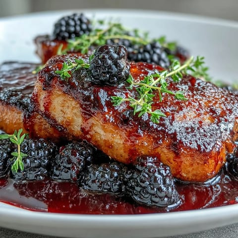 A close-up of juicy Bourbon Blackberry Pork Chops on a plate with roasted sweet potatoes and a drizzle of sweet glaze.