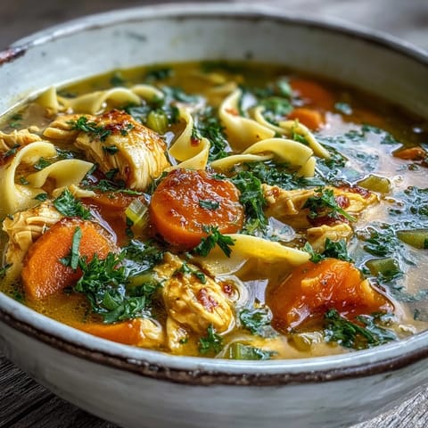 Creamy Ginger Turmeric Chicken Soup served hot with egg noodles and carrots.