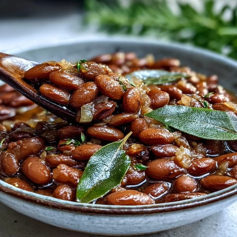 Creamy pinto beans simmered with onions, garlic, and bay leaves in a rustic Dutch oven.