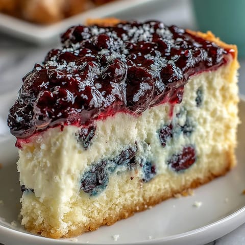 A close slice of the Lemon Blueberry Shortbread Mousse Cake reveals fluffy lemon mousse and a rich blueberry swirl on a buttery crust.
