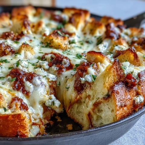 Freshly baked Cheesy Garlic Bread Lasagna Skillet with golden, bubbly mozzarella and parmesan cheese topping.