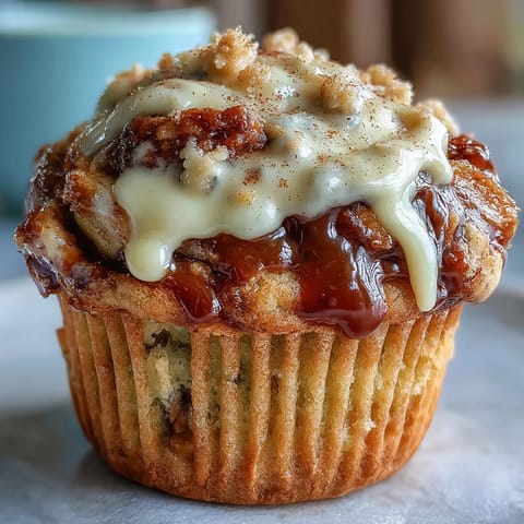 Freshly baked Caramel Cream Cheese Swirl Muffins are arranged on a white plate, topped with a generous drizzle of caramel sauce.