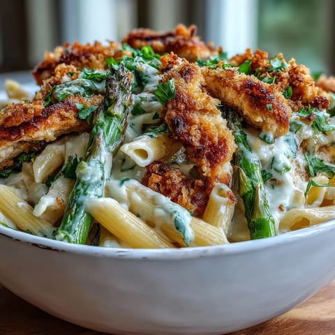 A close-up of Crispy Parmesan Asparagus Chicken Pasta showing steam rising from the cheesy, lemon-scented noodles and crunchy asparagus.