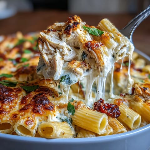 Freshly baked Greek Yogurt Chicken Alfredo Bake with melted mozzarella and golden Parmesan topping bubbling in a ceramic dish.