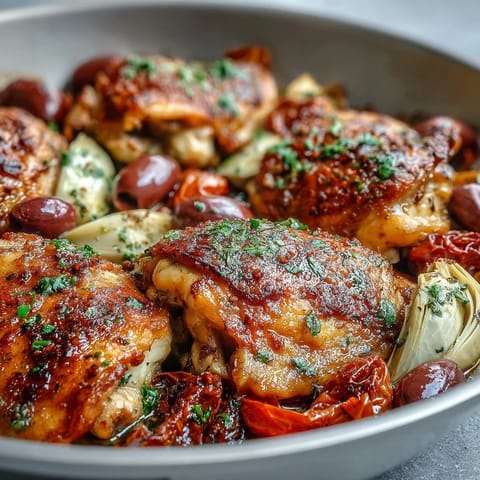 A close-up of One-Pan Mediterranean Chicken with tender artichokes, bright cherry tomatoes, and briny Kalamata olives.