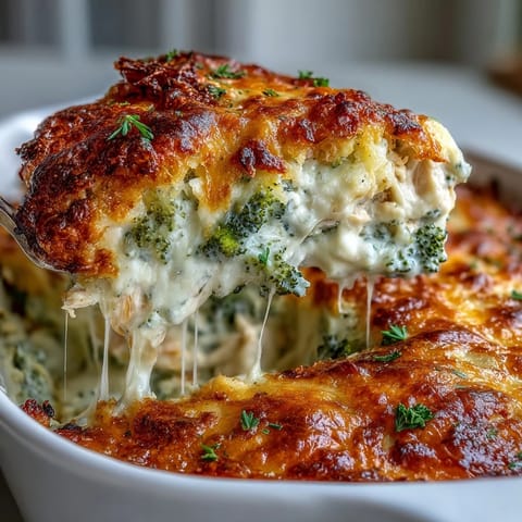 Freshly baked Keto Cheesy Broccoli Chicken Bake served in a ceramic dish, showcasing melted cheese and steam rising from the golden crust.