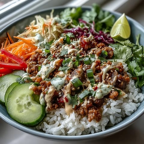 Spicy Bang Bang Turkey Rice Bowls topped with creamy sauce, fresh veggies, and sesame seeds on white rice.