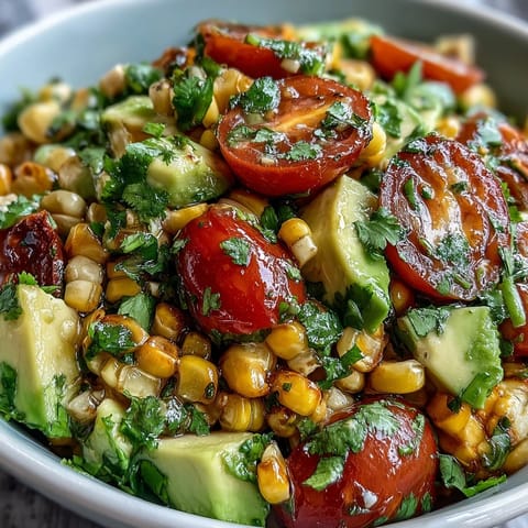 Colorful salad featuring sweet corn, juicy tomatoes, creamy avocado, and bright lime dressing, ideal for warm-weather dining.  