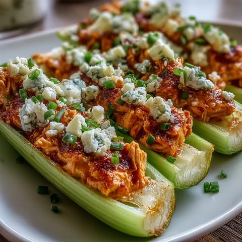 Close-up of crunchy celery filled with spicy buffalo chicken and tangy blue cheese crumble, perfect for keto-friendly snacking.  
