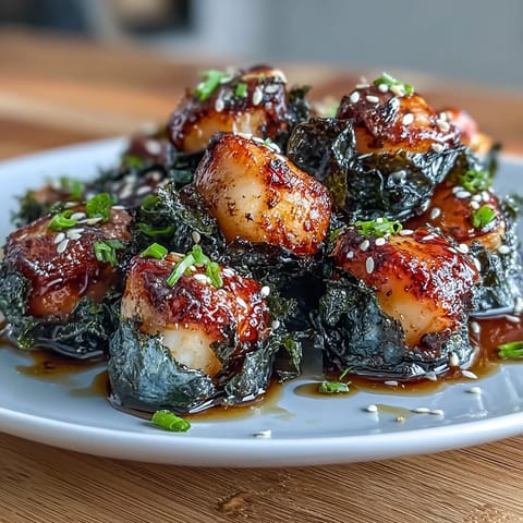 Pan-seared sea scallops wrapped in crisp nori seaweed, served with a bright ponzu dipping sauce for a Japanese-inspired appetizer.