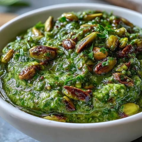 Creamy pistachio pesto with fresh basil, garlic, and Parmesan, perfect for pasta or crostini.