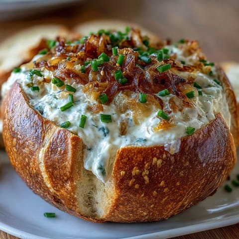 Golden-brown sourdough bread bowl filled with rich, savory onion dip, garnished with fresh chives for a party-ready appetizer.  